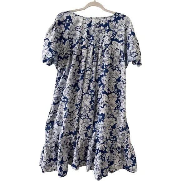Vintage Simply Basic Blue & White Floral Cotton Midi Dress With Pockets L - Picture 11 of 13